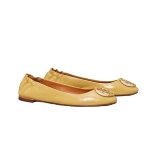 Tory Burch Reva Patent Tumble Leather Ballet Flats Tan and Gold